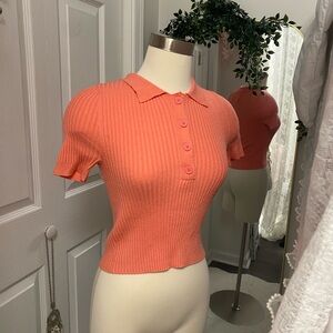 Aerie Ribbed Polo Knit Top in Coral